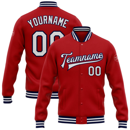 Custom Red White-Navy Bomber Full-Snap Varsity Letterman Jacket - Main View