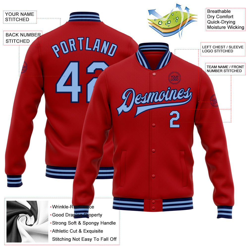 Custom Red Light Blue-Navy Bomber Full-Snap Varsity Letterman Jacket view 5