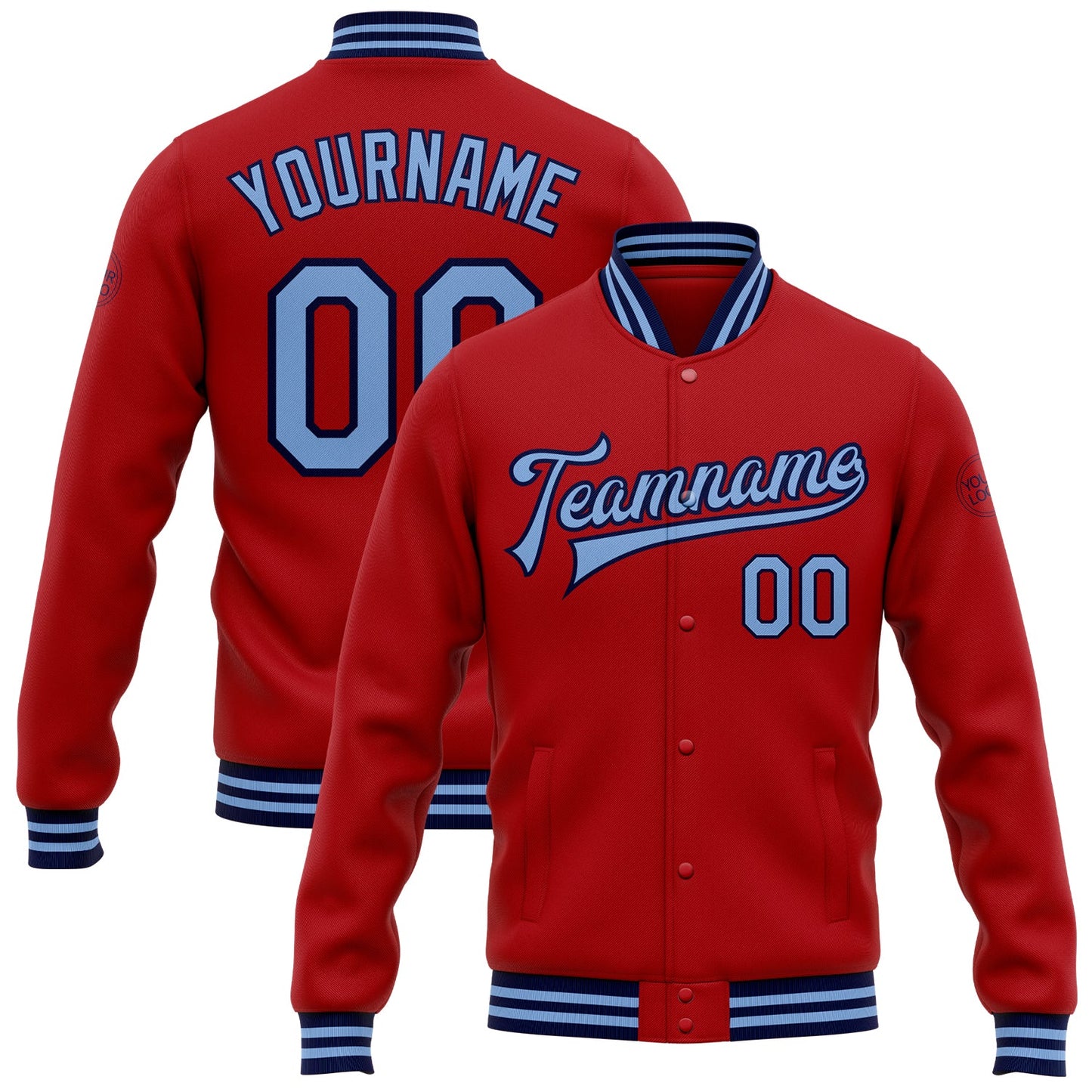 Custom Red Light Blue-Navy Bomber Full-Snap Varsity Letterman Jacket - Main View