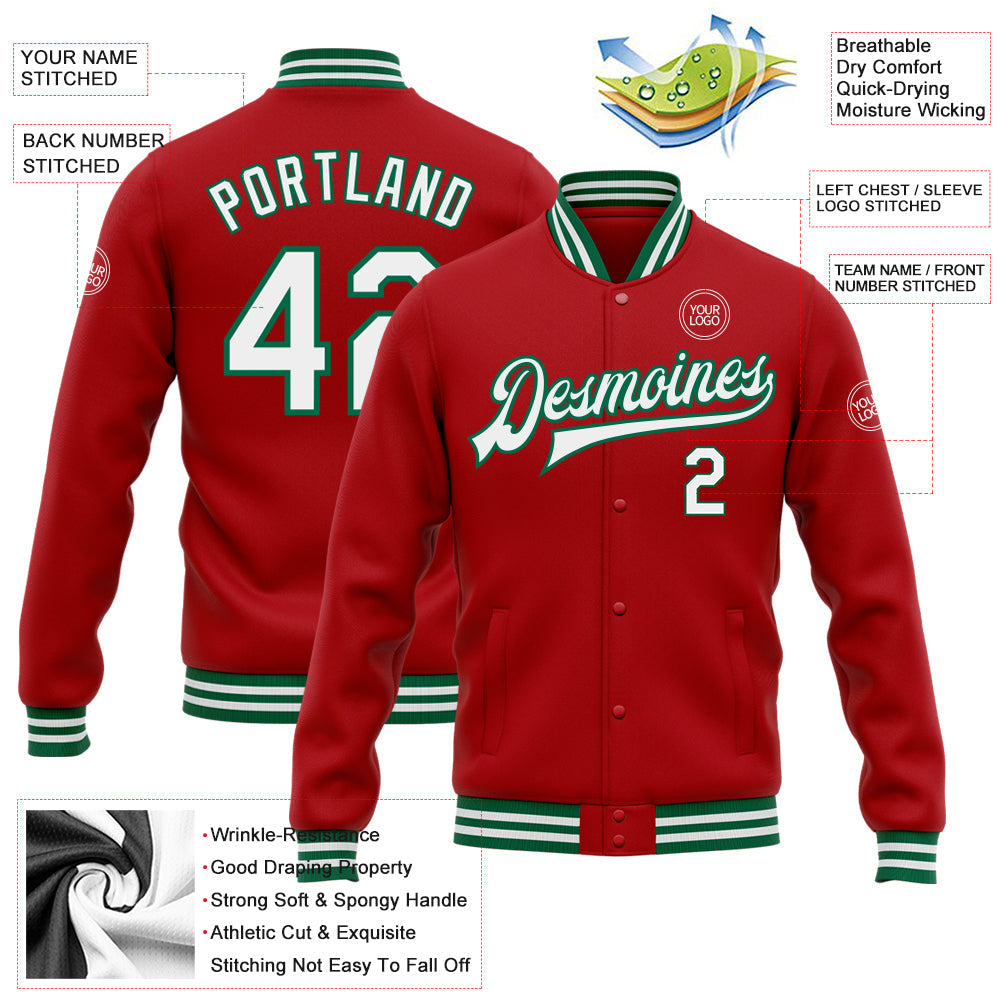 Custom Red White-Kelly Green Bomber Full-Snap Varsity Letterman Jacket view 5