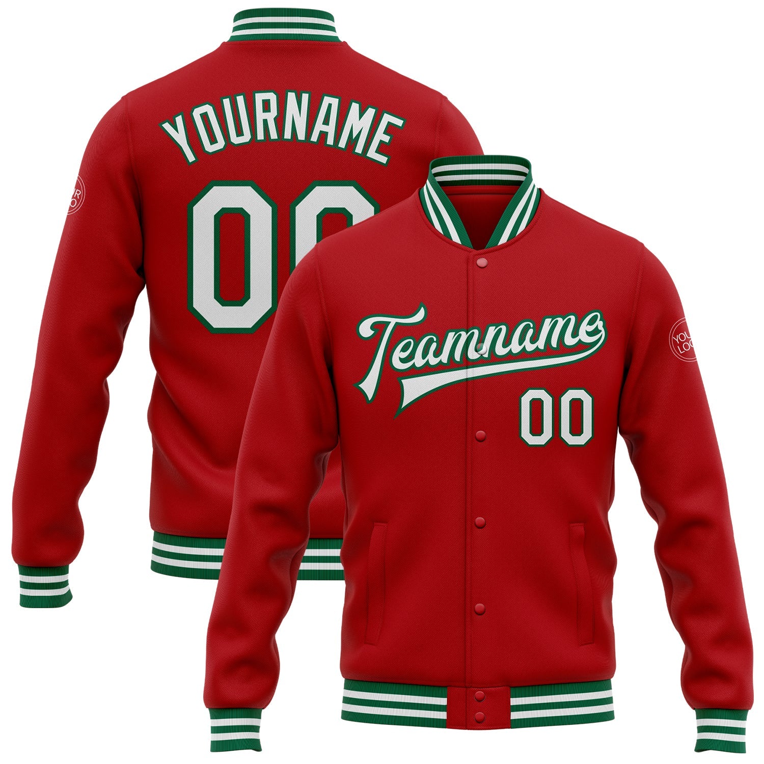 Custom Red White-Kelly Green Bomber Full-Snap Varsity Letterman Jacket - Main View
