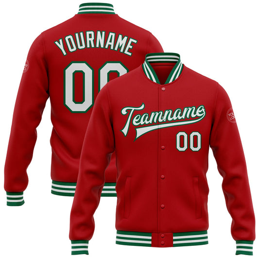 Custom Red White-Kelly Green Bomber Full-Snap Varsity Letterman Jacket - Main View