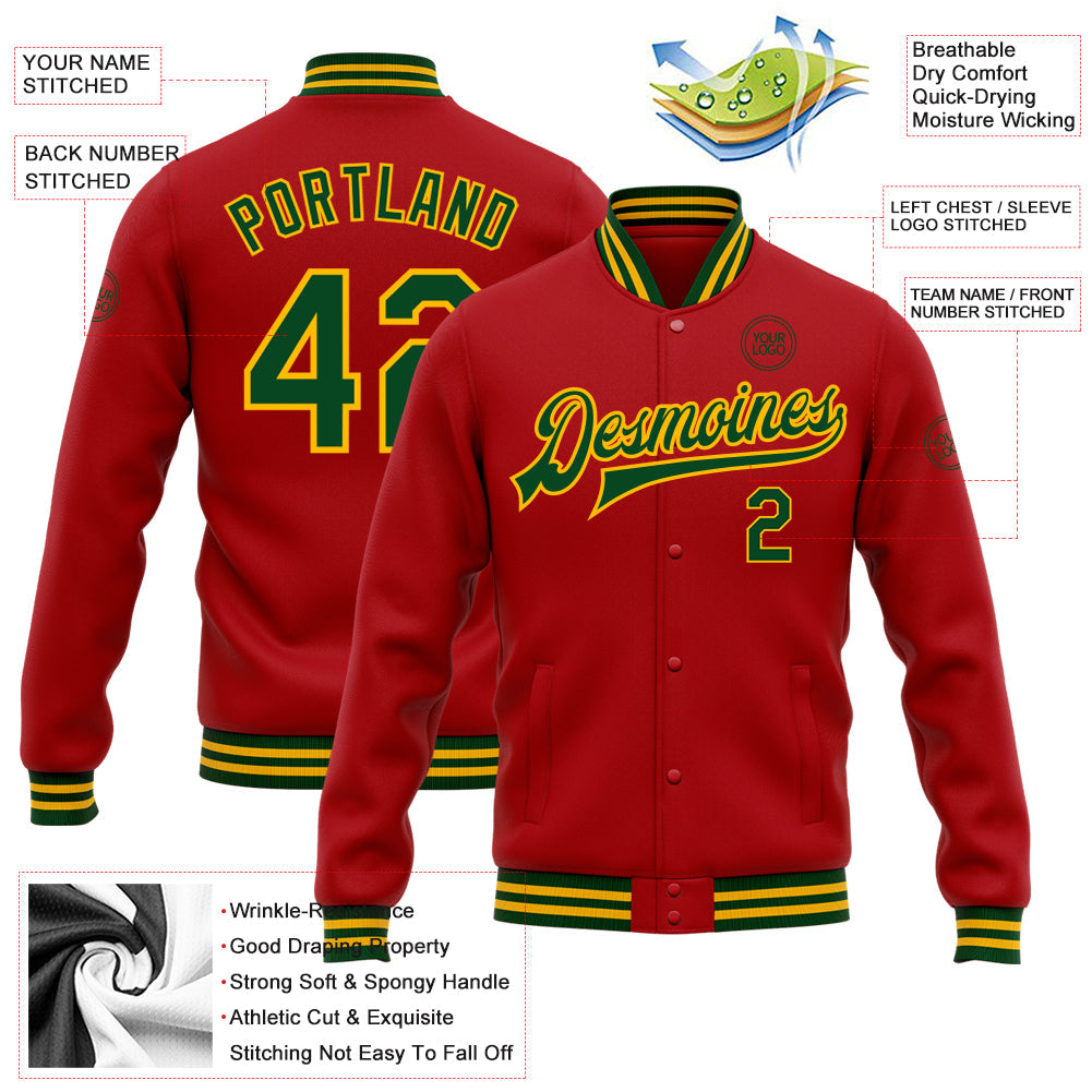 Custom Red Green-Gold Bomber Full-Snap Varsity Letterman Jacket view 5