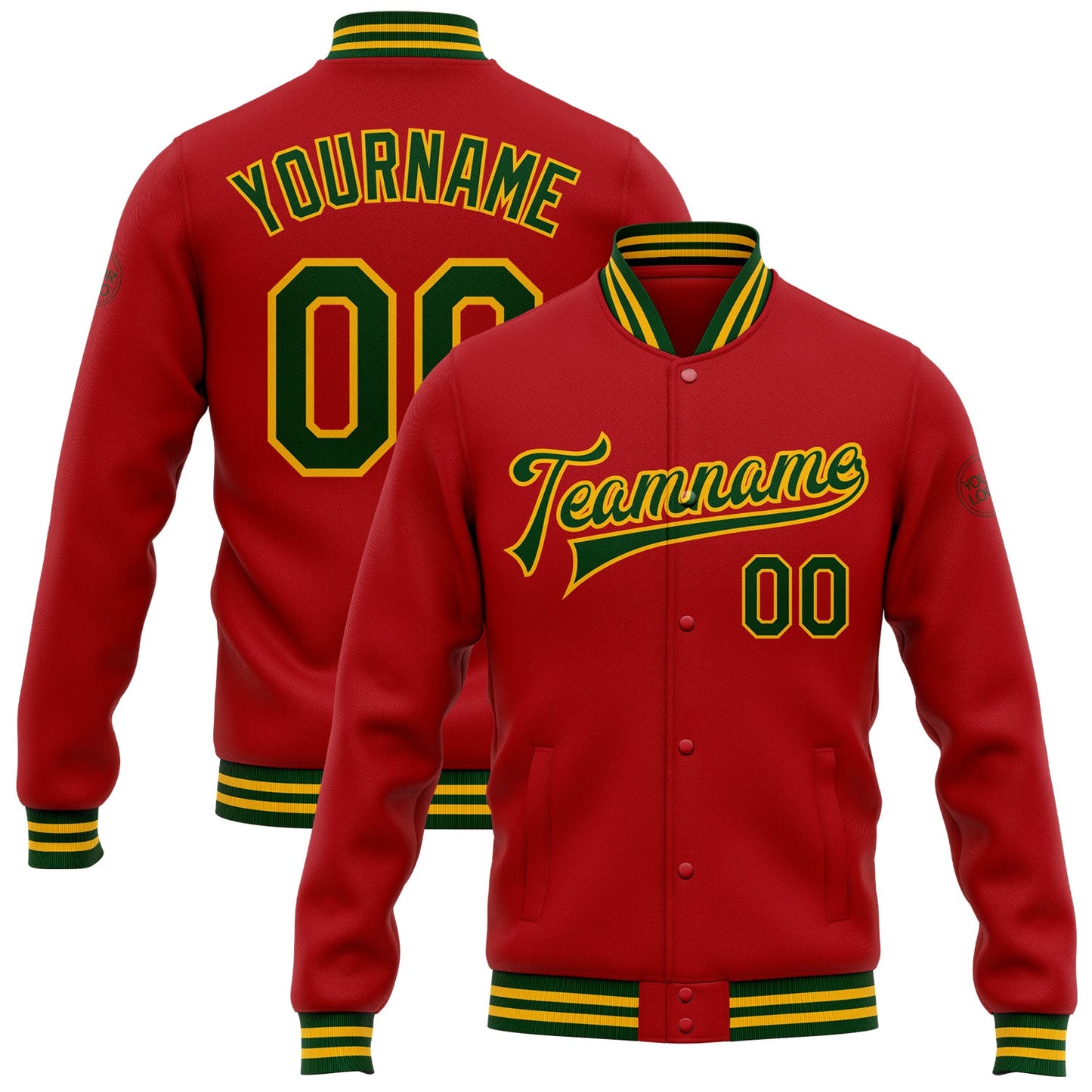 Custom Red Green-Gold Bomber Full-Snap Varsity Letterman Jacket - Main View