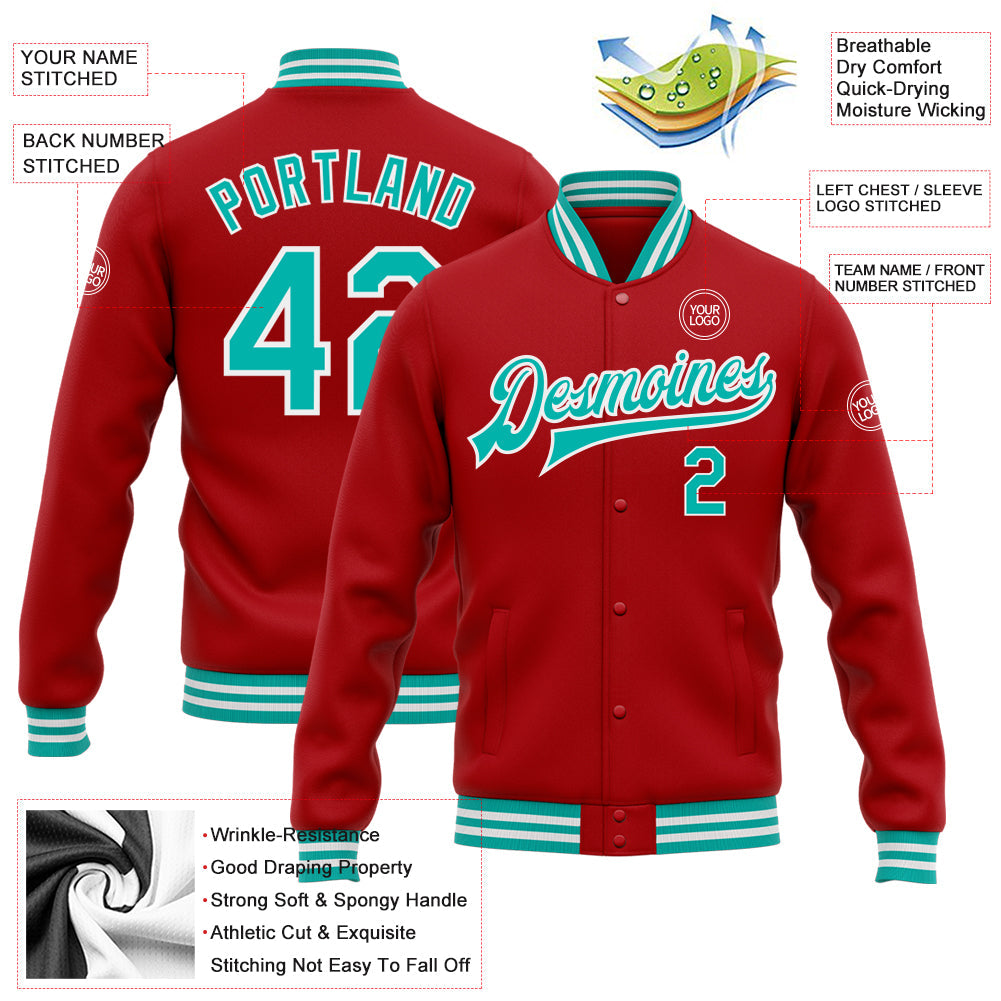 Custom Red Aqua-White Bomber Full-Snap Varsity Letterman Jacket view 5