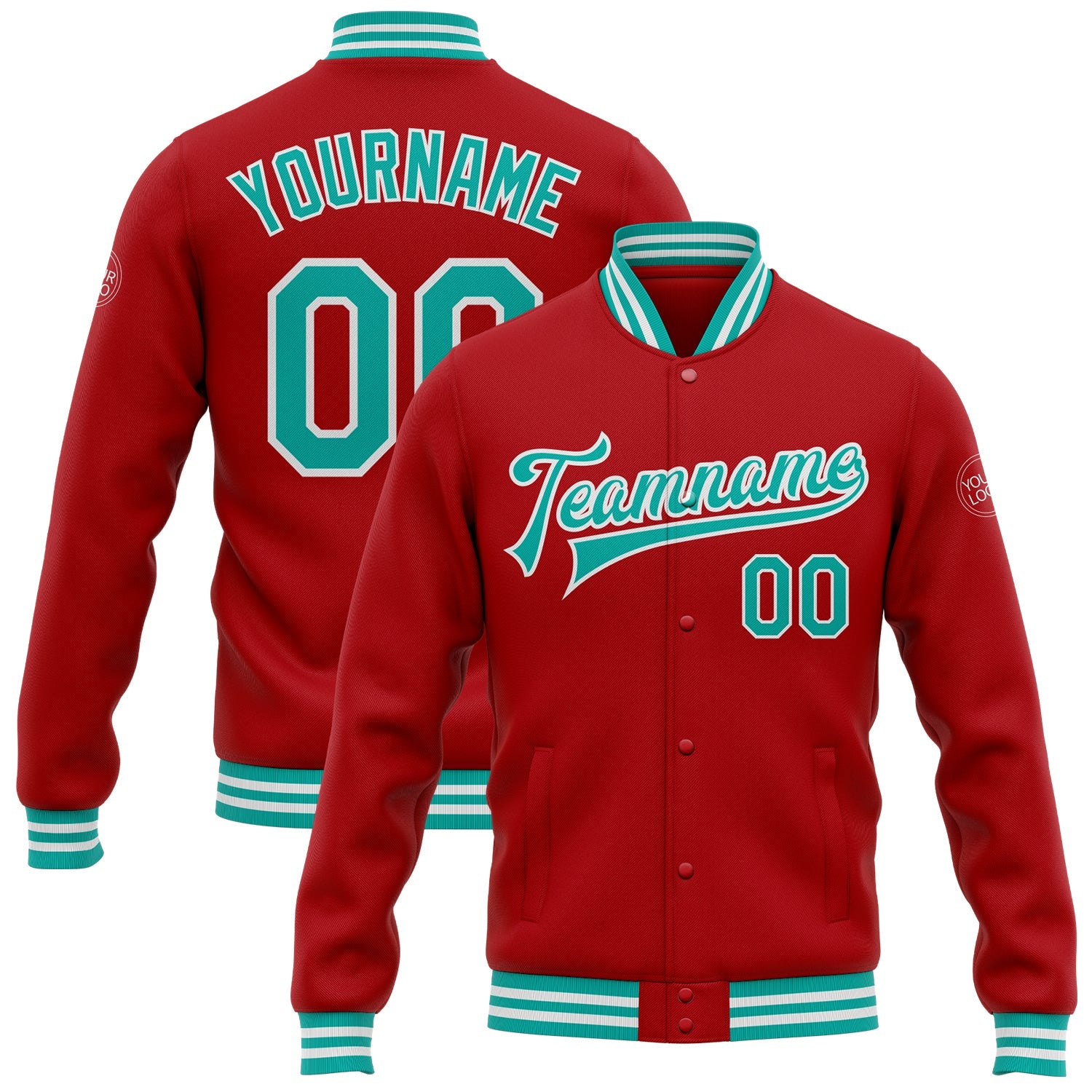 Custom Red Aqua-White Bomber Full-Snap Varsity Letterman Jacket - Main View