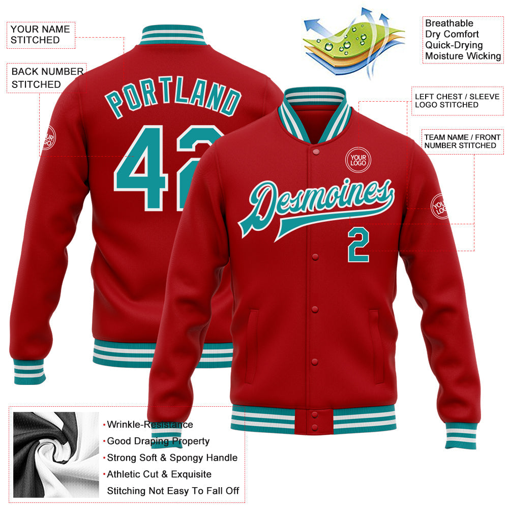 Custom Red Teal-White Bomber Full-Snap Varsity Letterman Jacket view 5