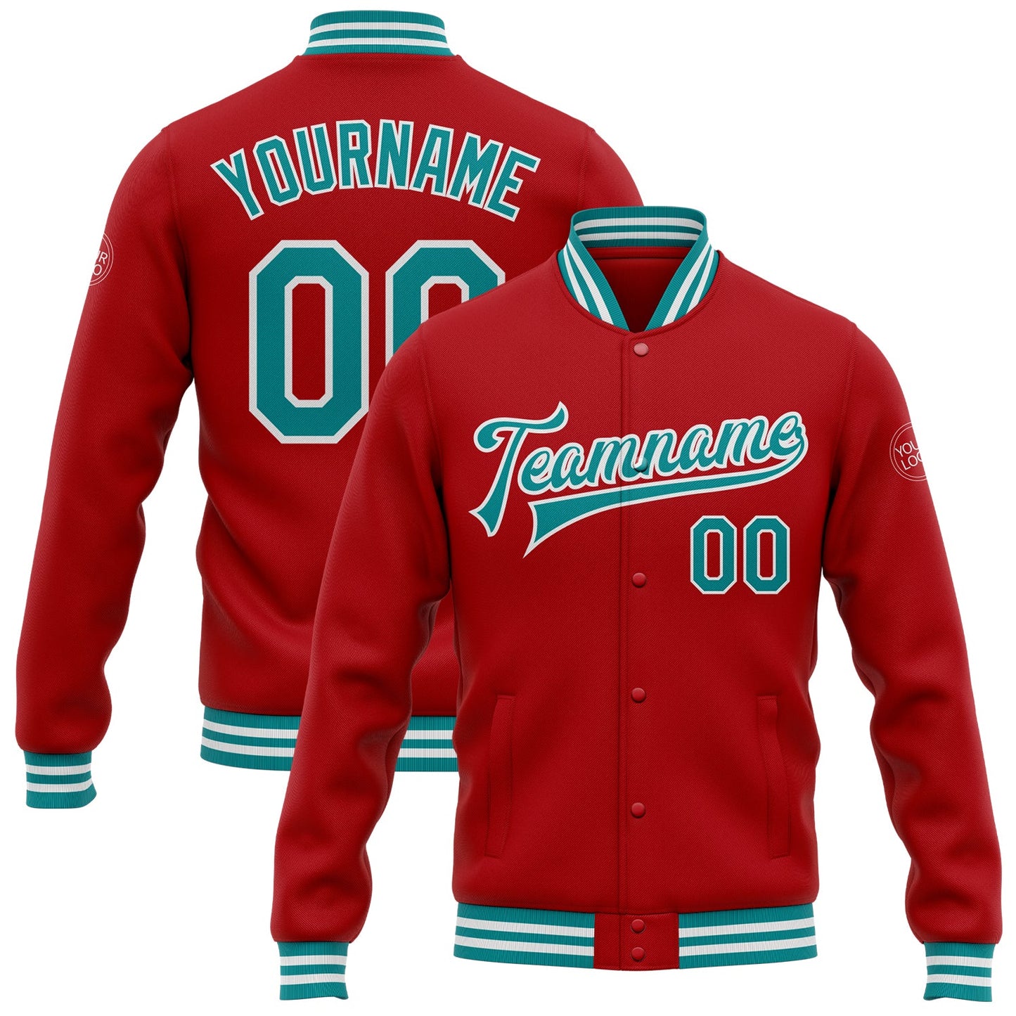 Custom Red Teal-White Bomber Full-Snap Varsity Letterman Jacket - Main View