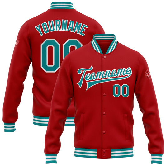 Custom Red Teal-White Bomber Full-Snap Varsity Letterman Jacket - Main View