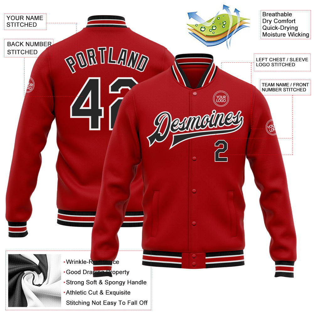 Custom Red Black-White Bomber Full-Snap Varsity Letterman Jacket view 5