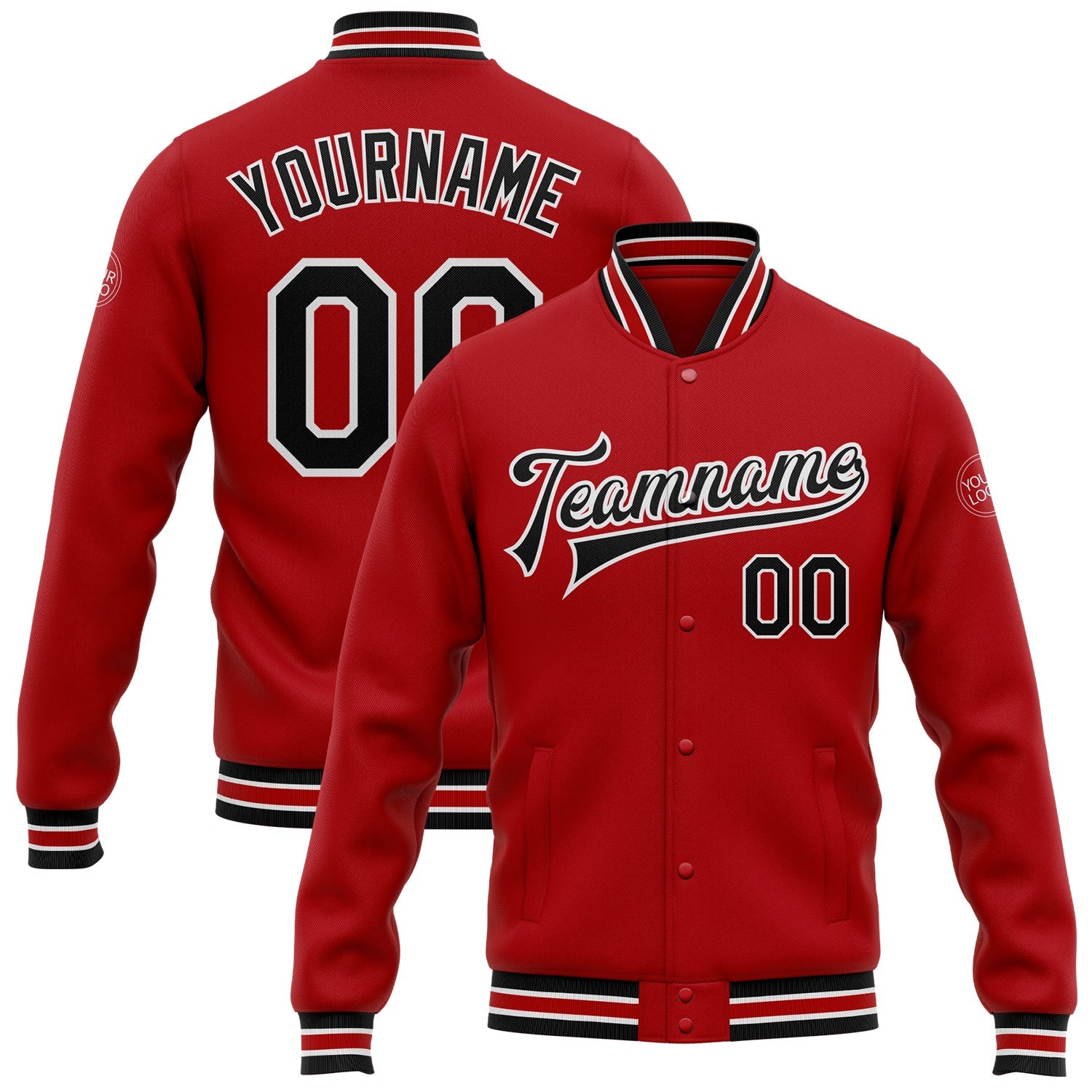 Custom Red Black-White Bomber Full-Snap Varsity Letterman Jacket - Main View