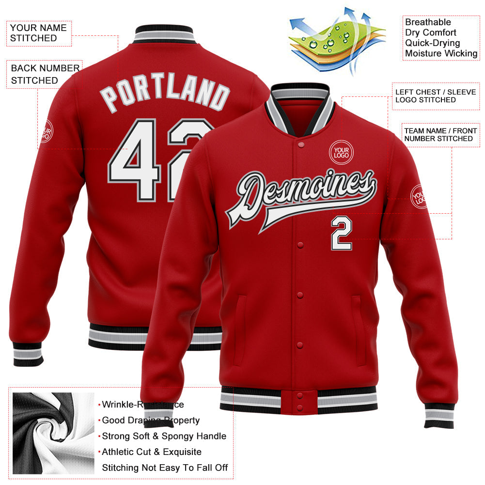 Custom Red White Black-Gray Bomber Full-Snap Varsity Letterman Jacket view 5