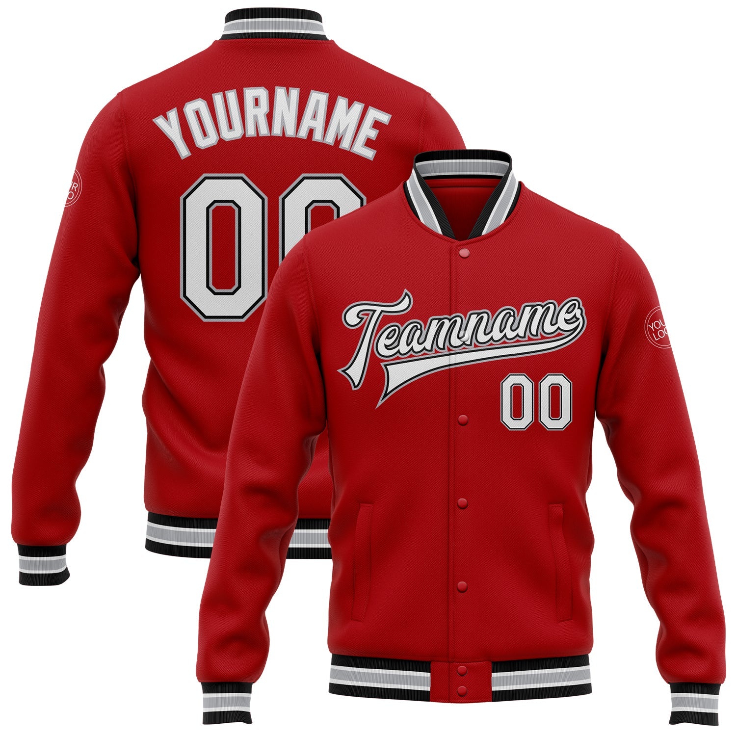 Custom Red White Black-Gray Bomber Full-Snap Varsity Letterman Jacket - Main View
