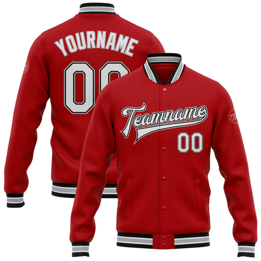 Custom Red White Black-Gray Bomber Full-Snap Varsity Letterman Jacket - Main View
