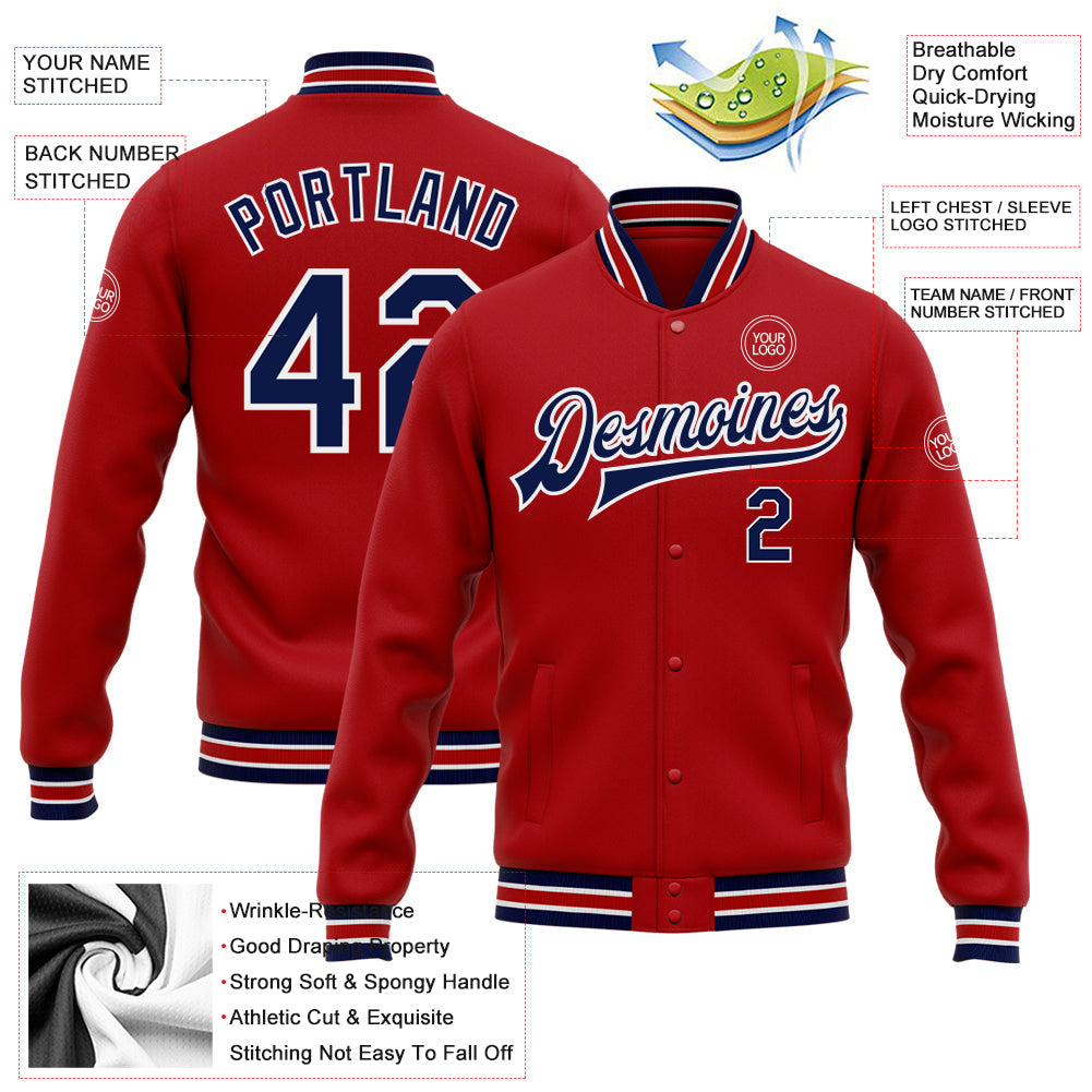 Custom Red Navy-White Bomber Full-Snap Varsity Letterman Jacket view 5