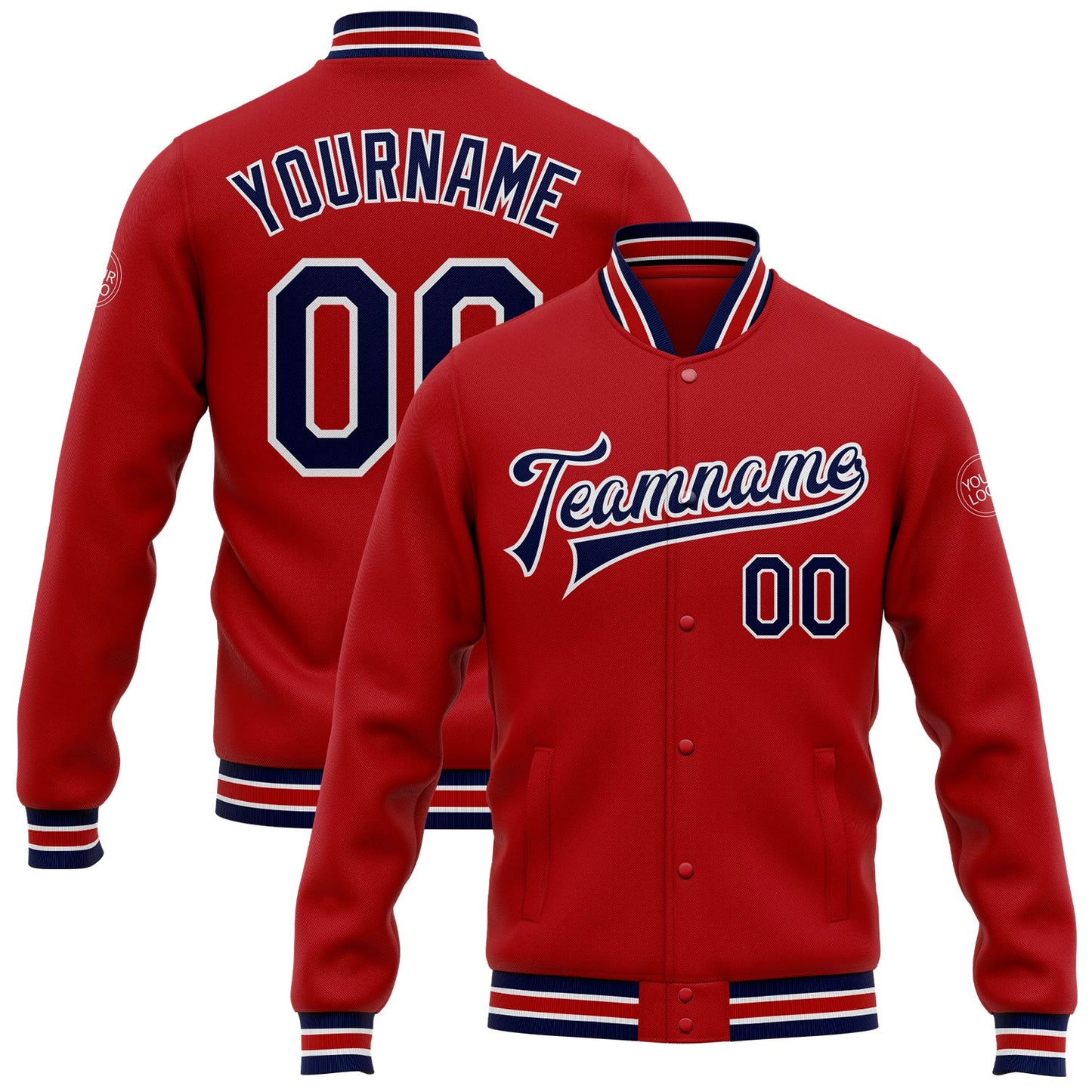 Custom Red Navy-White Bomber Full-Snap Varsity Letterman Jacket - Main View