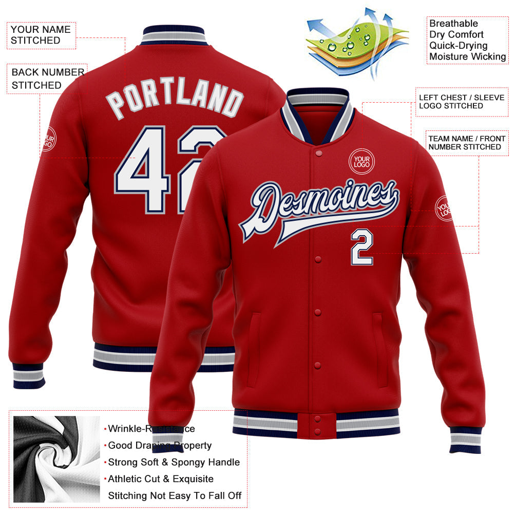 Custom Red White Navy-Gray Bomber Full-Snap Varsity Letterman Jacket view 5