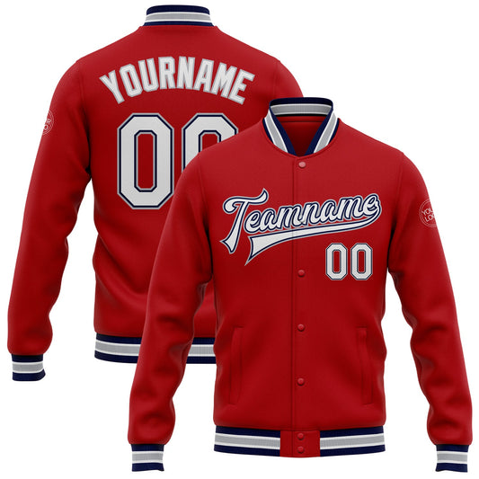 Custom Red White Navy-Gray Bomber Full-Snap Varsity Letterman Jacket - Main View