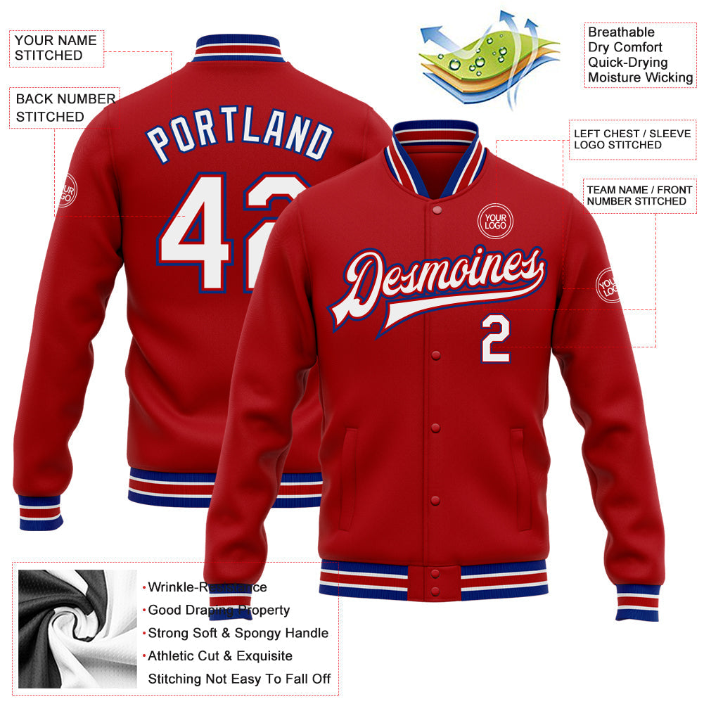 Custom Red White-Royal Bomber Full-Snap Varsity Letterman Jacket view 5