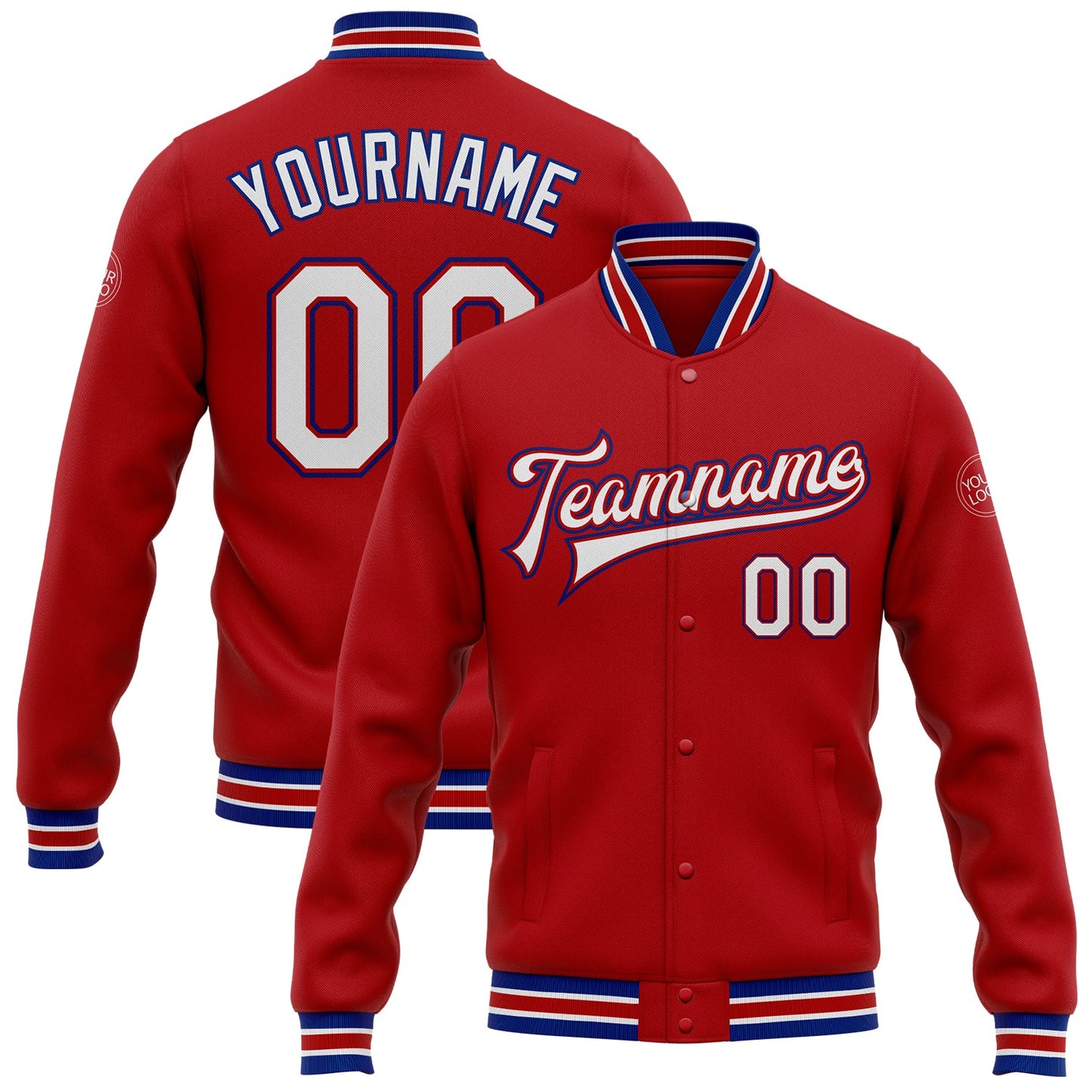 Custom Red White-Royal Bomber Full-Snap Varsity Letterman Jacket - Main View