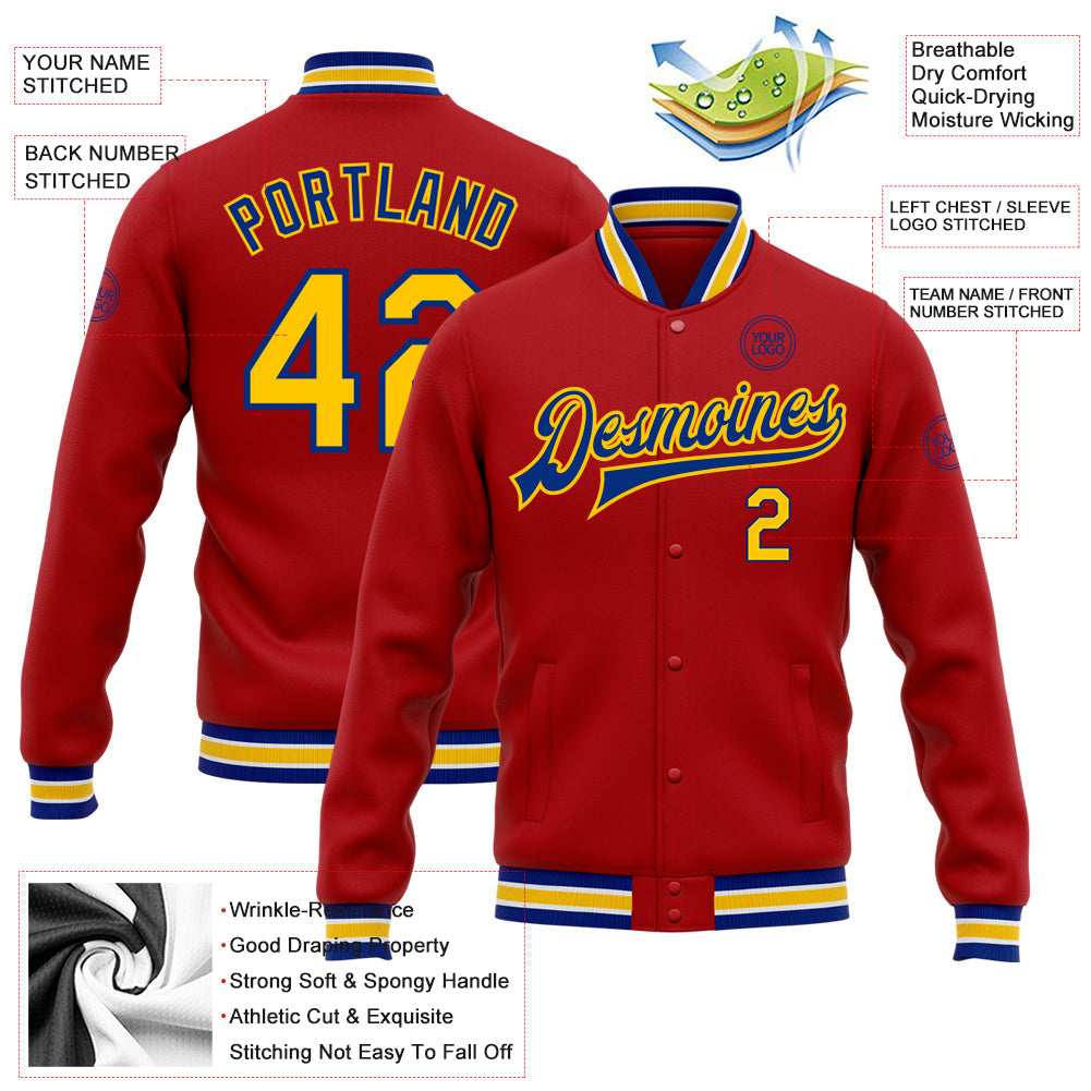Custom Red Yellow-Royal Bomber Full-Snap Varsity Letterman Jacket view 5