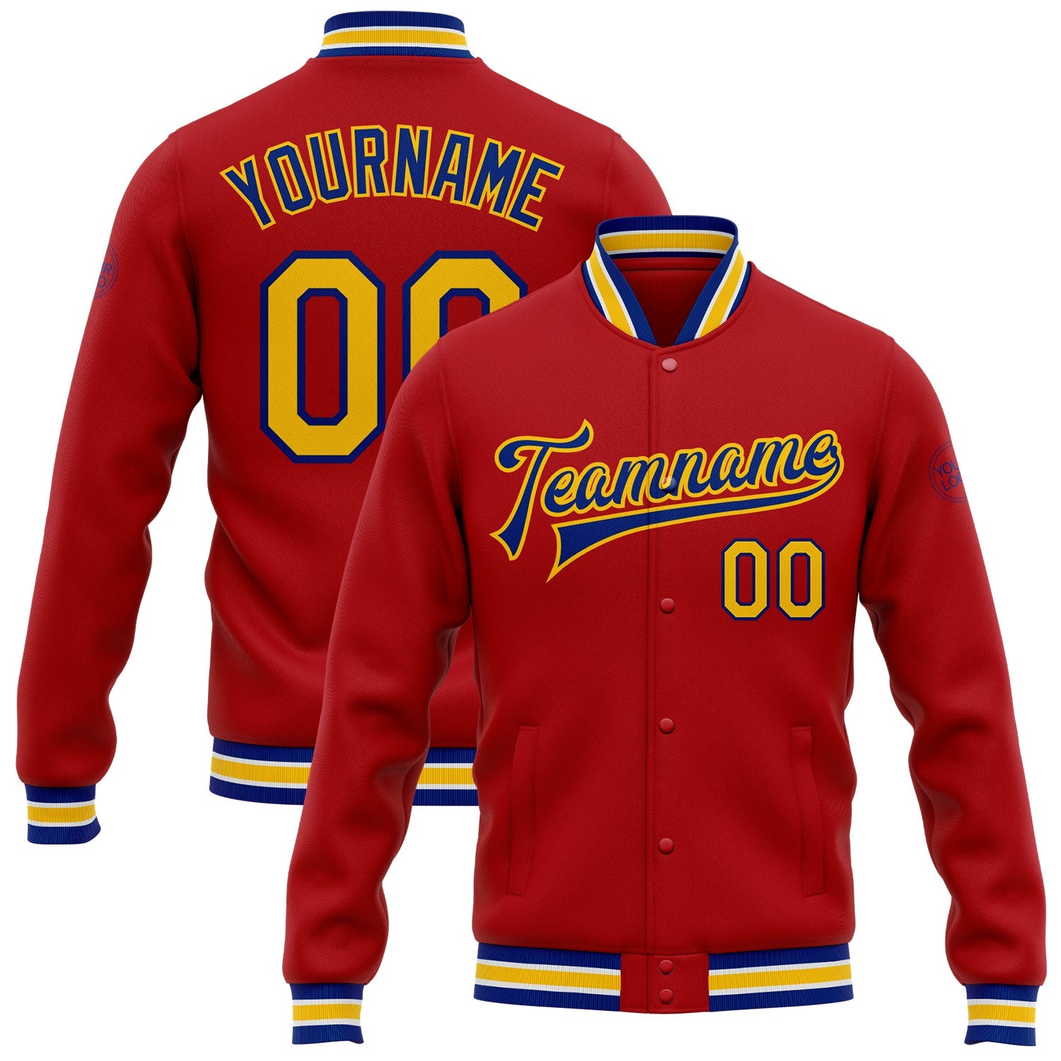 Custom Red Yellow-Royal Bomber Full-Snap Varsity Letterman Jacket - Main View