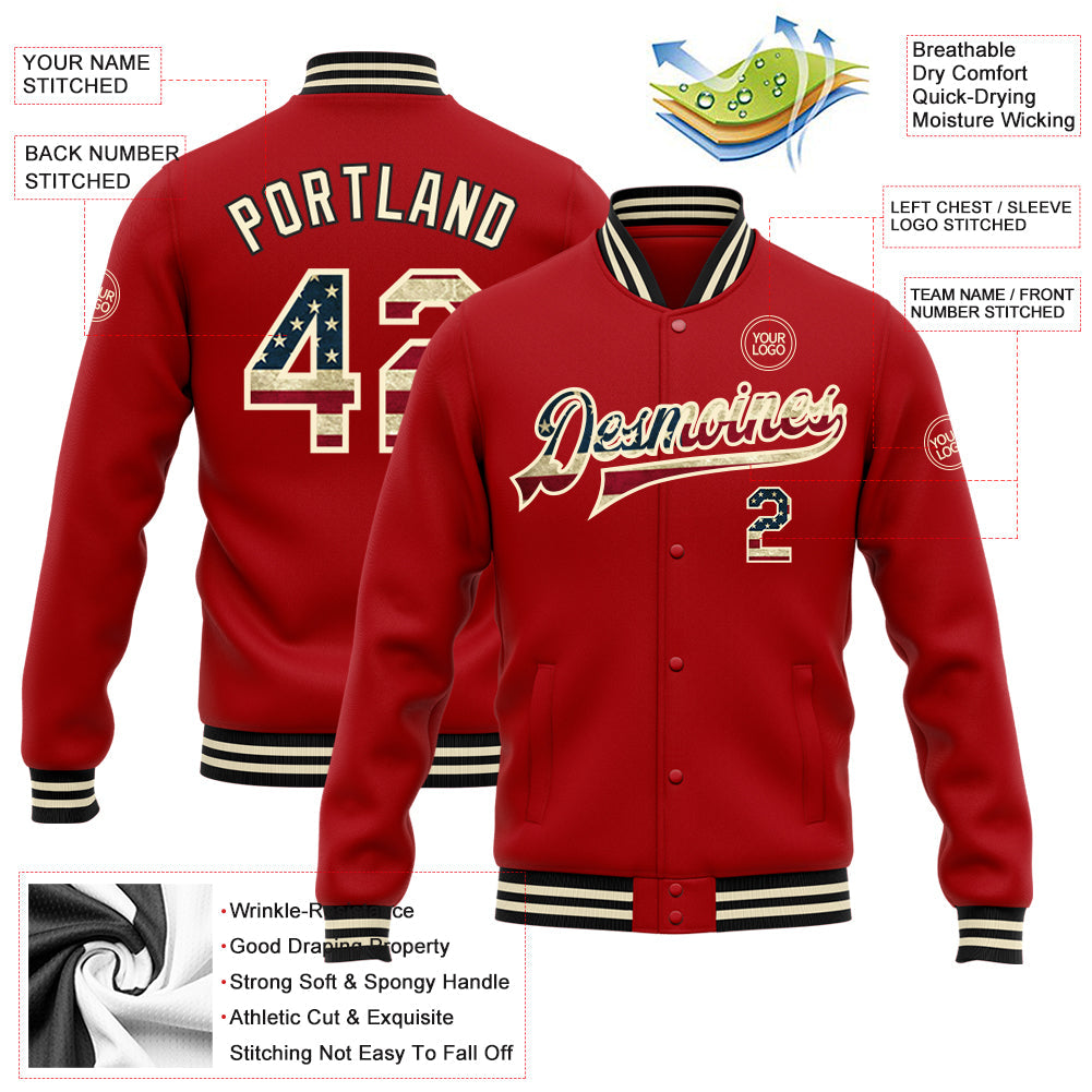 Custom Red Vintage USA Flag Cream-Black Bomber Full-Snap Varsity Letterman Jacket view 5