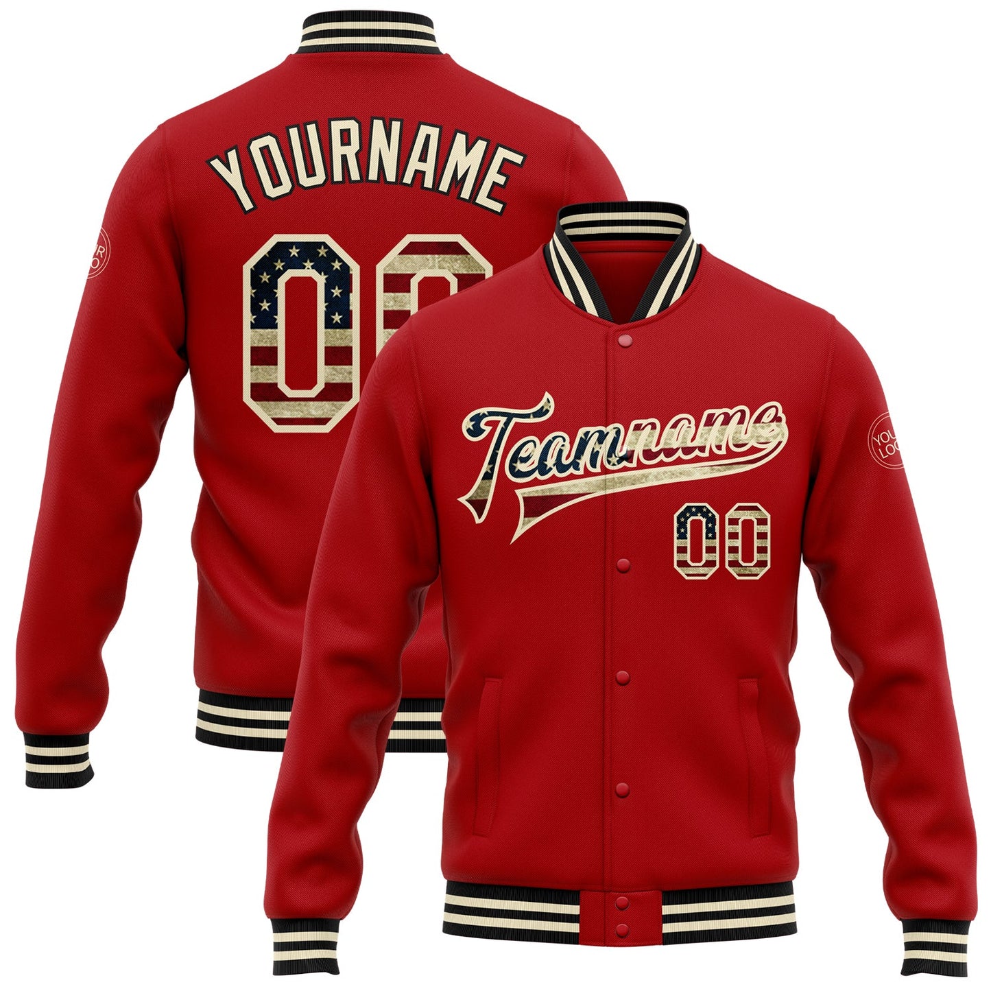 Custom Red Vintage USA Flag Cream-Black Bomber Full-Snap Varsity Letterman Jacket - Main View