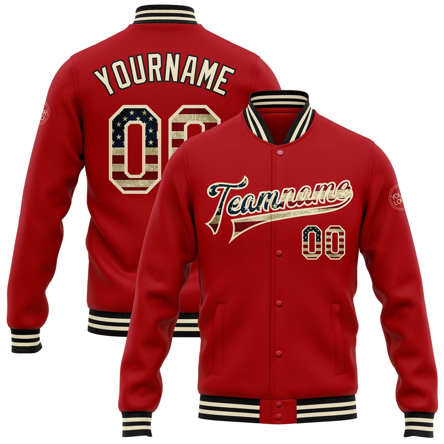 Custom Red Vintage USA Flag Cream-Black Bomber Full-Snap Varsity Letterman Jacket - Main View