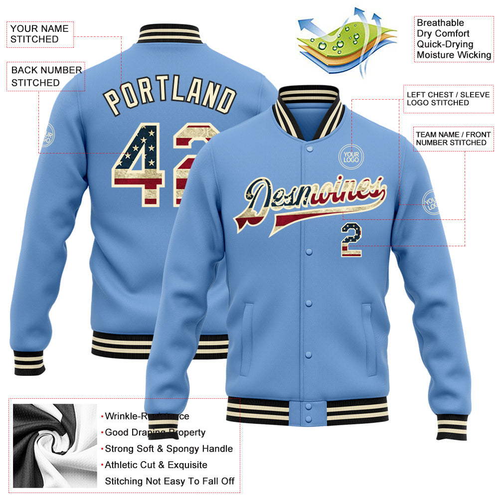 Custom Light Blue Vintage USA Flag Cream-Black Bomber Full-Snap Varsity Letterman Jacket view 5