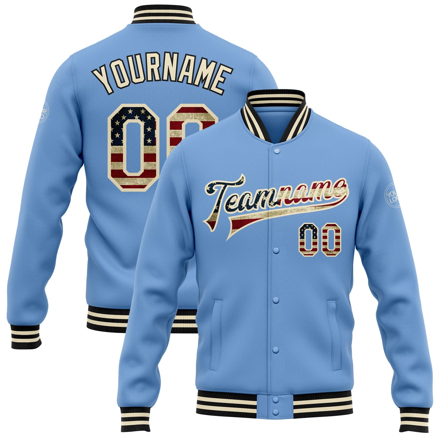 Custom Light Blue Vintage USA Flag Cream-Black Bomber Full-Snap Varsity Letterman Jacket - Main View