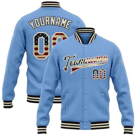 Custom Light Blue Vintage USA Flag Cream-Black Bomber Full-Snap Varsity Letterman Jacket - Main View