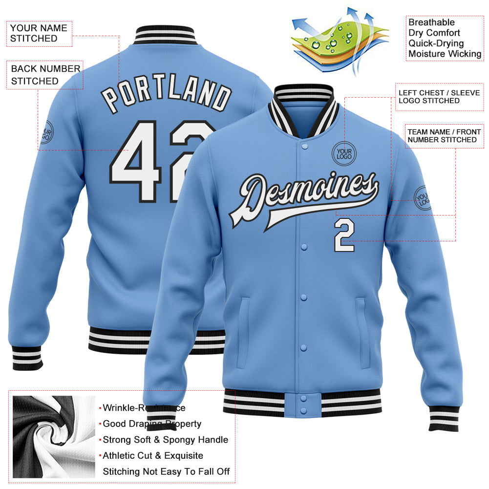 Custom Light Blue White-Black Bomber Full-Snap Varsity Letterman Jacket view 5