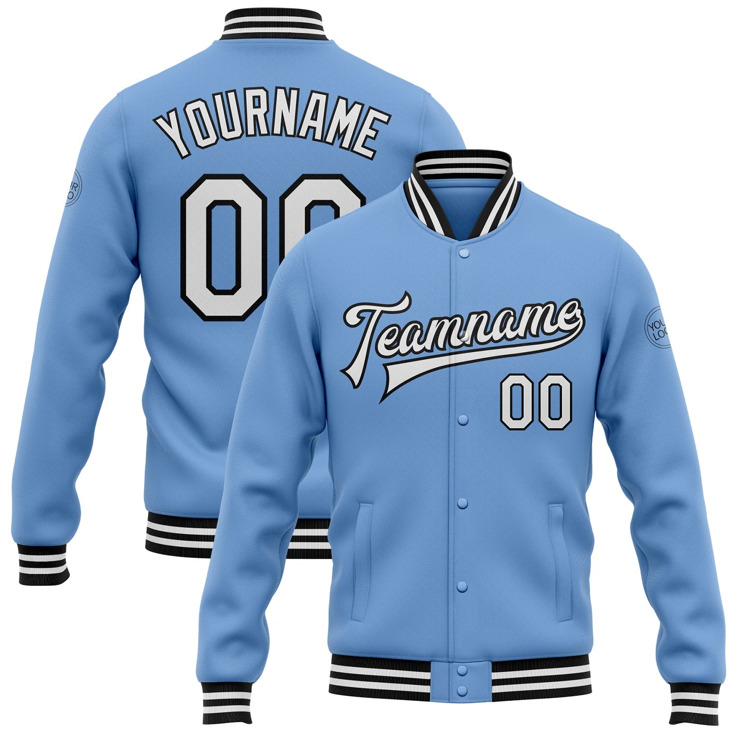 Custom Light Blue White-Black Bomber Full-Snap Varsity Letterman Jacket - Main View