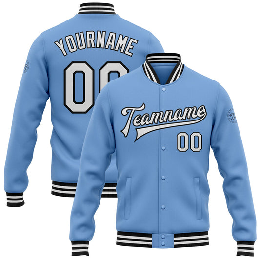 Custom Light Blue White-Black Bomber Full-Snap Varsity Letterman Jacket - Main View