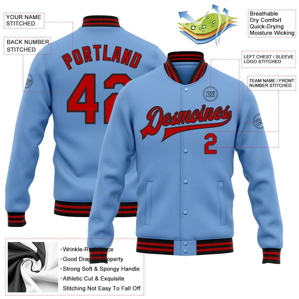 Custom Light Blue Red-Black Bomber Full-Snap Varsity Letterman Jacket view 5