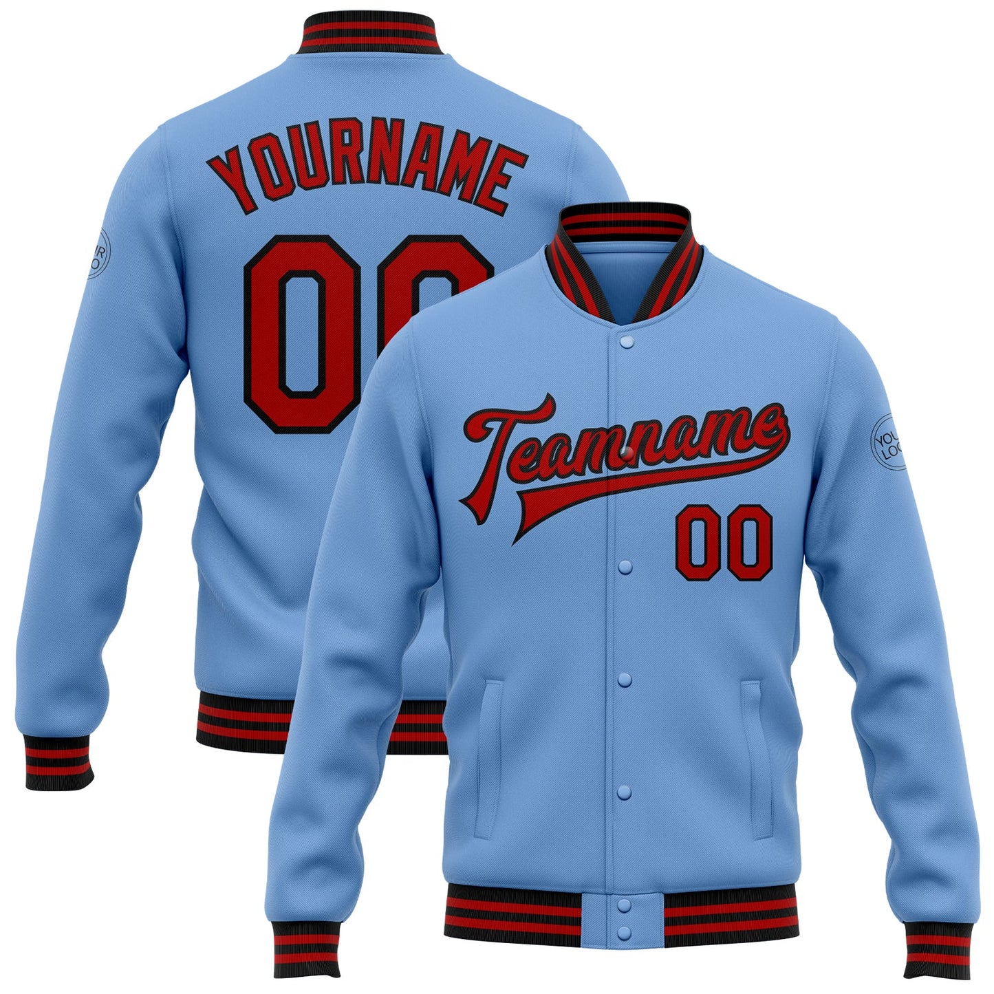 Custom Light Blue Red-Black Bomber Full-Snap Varsity Letterman Jacket - Main View