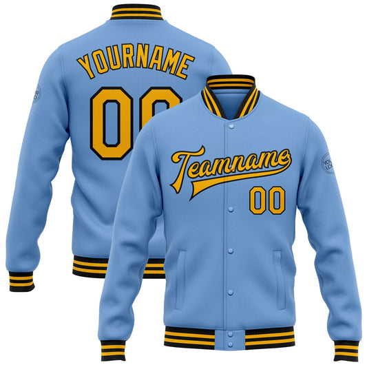 Custom Light Blue Gold-Black Bomber Full-Snap Varsity Letterman Jacket - Main View