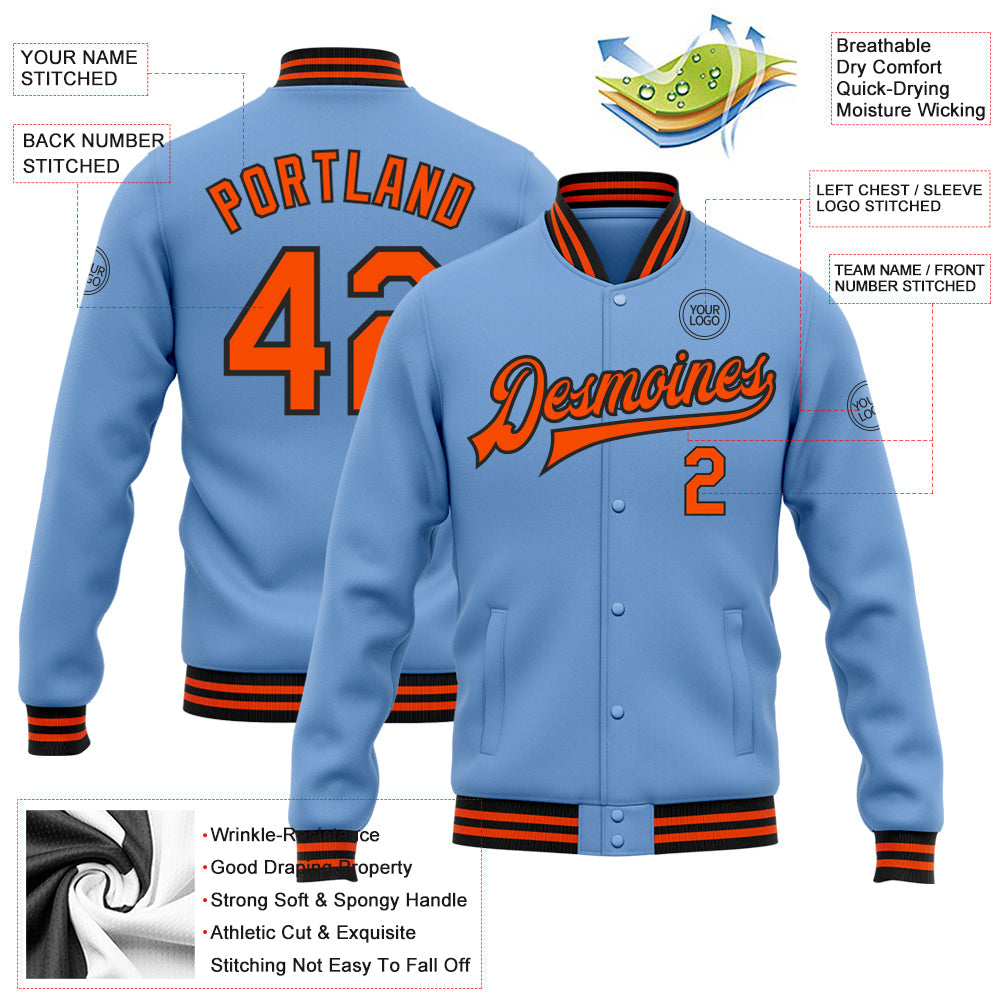 Custom Light Blue Orange-Black Bomber Full-Snap Varsity Letterman Jacket view 5