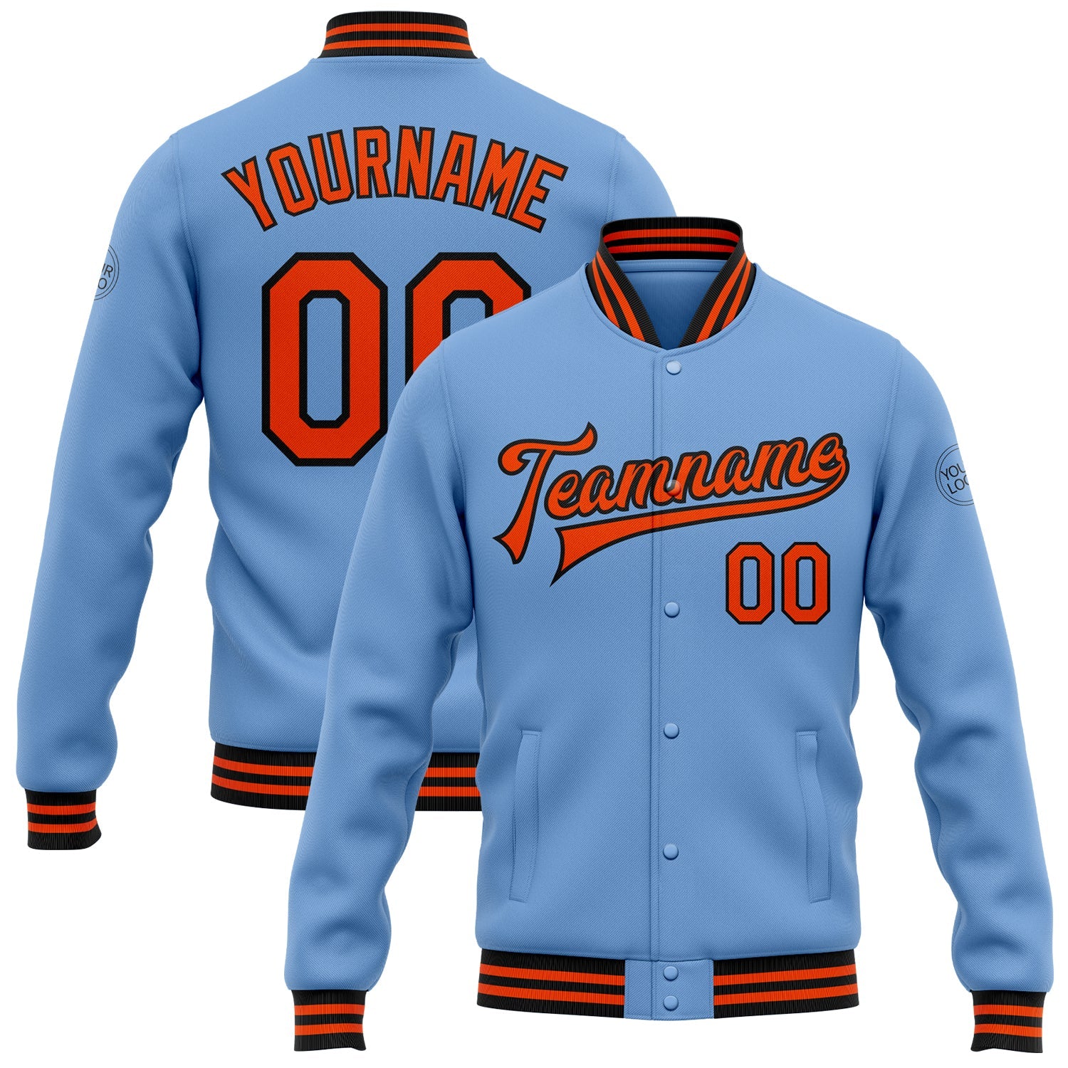 Custom Light Blue Orange-Black Bomber Full-Snap Varsity Letterman Jacket - Main View