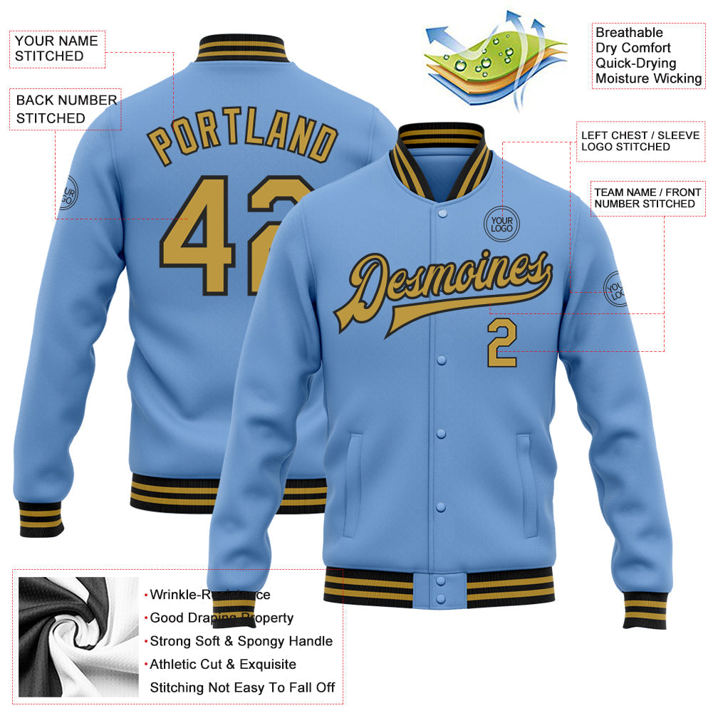 Custom Light Blue Old Gold-Black Bomber Full-Snap Varsity Letterman Jacket view 5