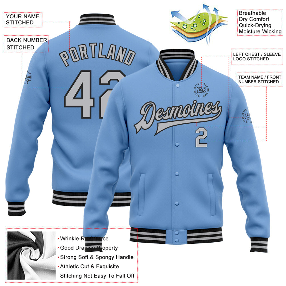 Custom Light Blue Gray-Black Bomber Full-Snap Varsity Letterman Jacket view 5