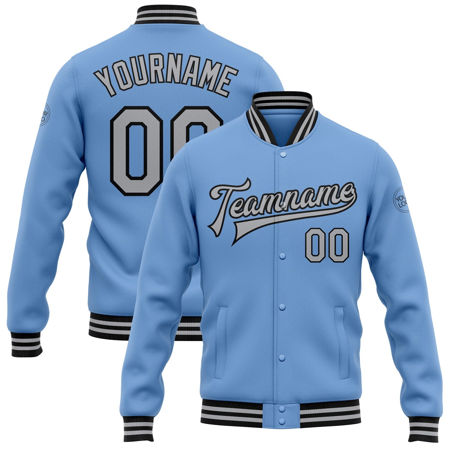 Custom Light Blue Gray-Black Bomber Full-Snap Varsity Letterman Jacket - Main View