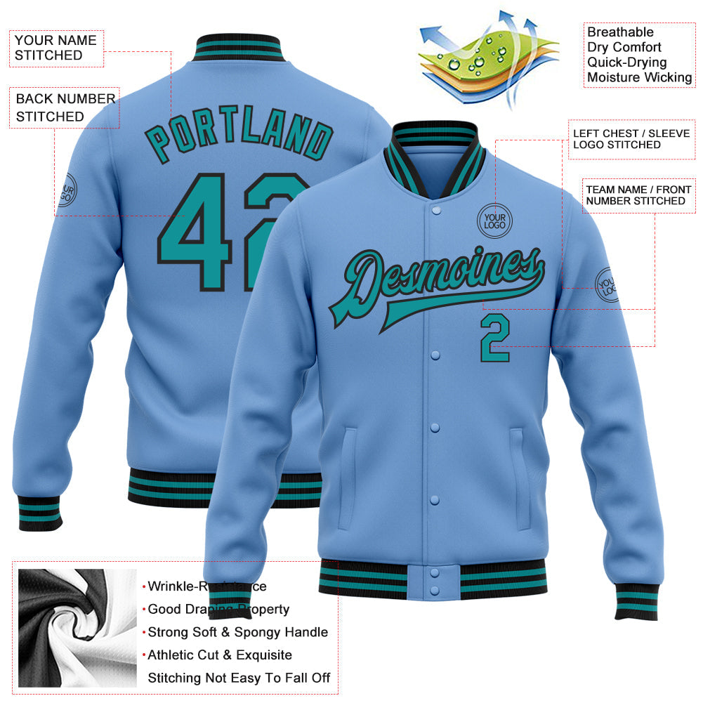 Custom Light Blue Teal-Black Bomber Full-Snap Varsity Letterman Jacket view 5