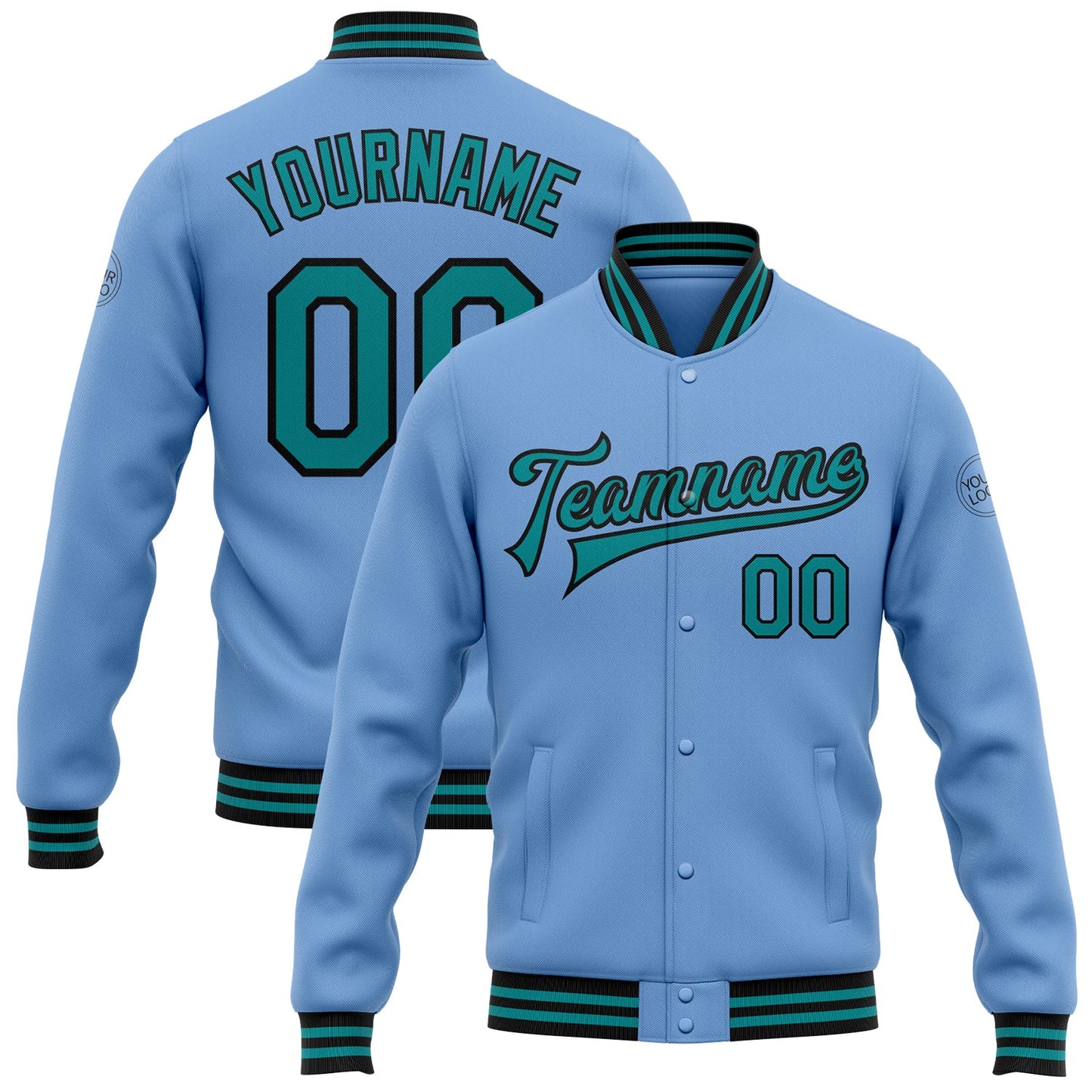 Custom Light Blue Teal-Black Bomber Full-Snap Varsity Letterman Jacket - Main View