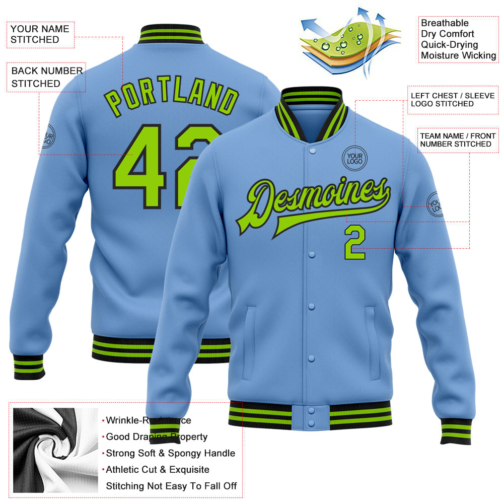 Custom Light Blue Neon Green-Black Bomber Full-Snap Varsity Letterman Jacket view 5