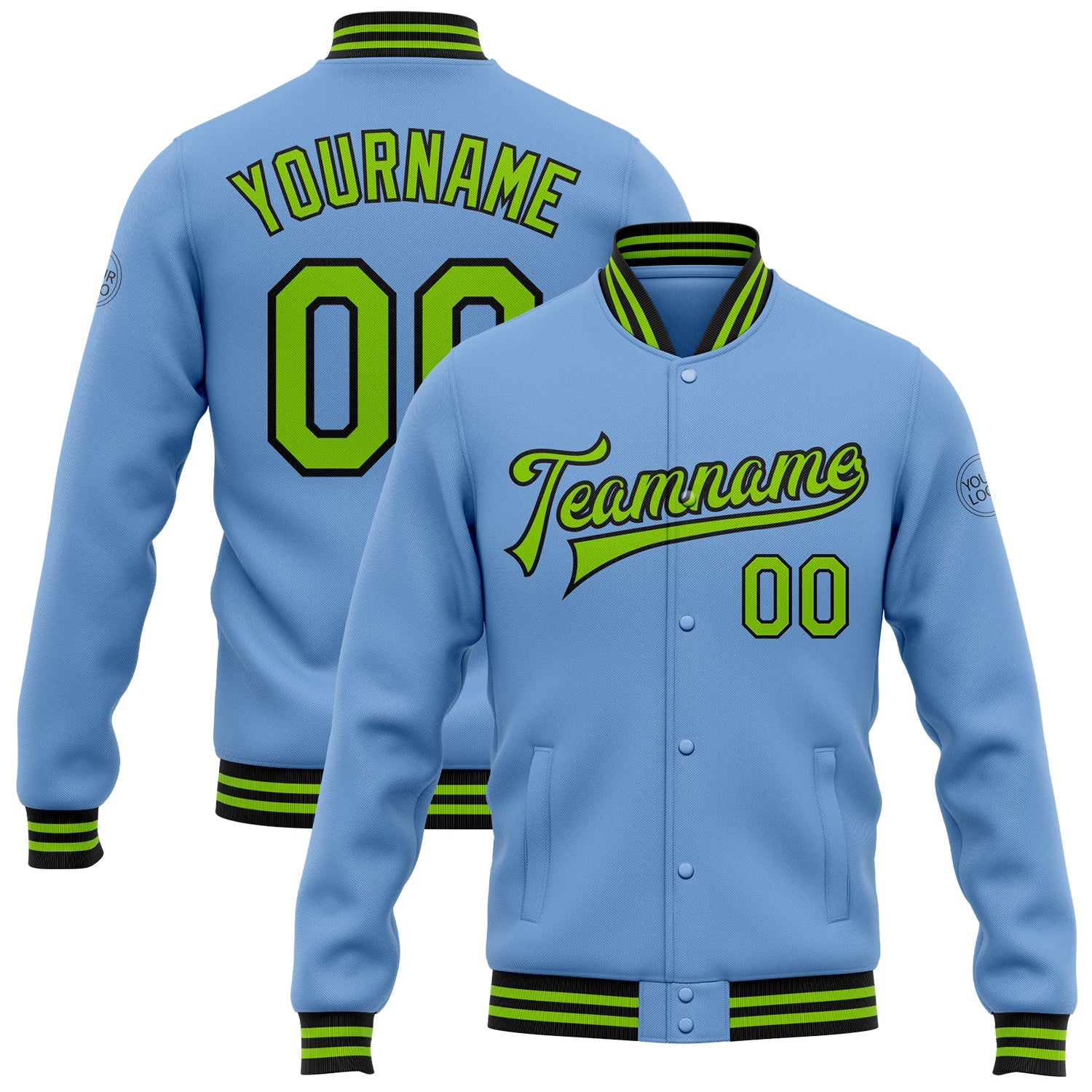 Custom Light Blue Neon Green-Black Bomber Full-Snap Varsity Letterman Jacket - Main View