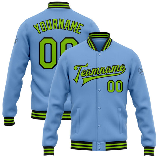 Custom Light Blue Neon Green-Black Bomber Full-Snap Varsity Letterman Jacket - Main View