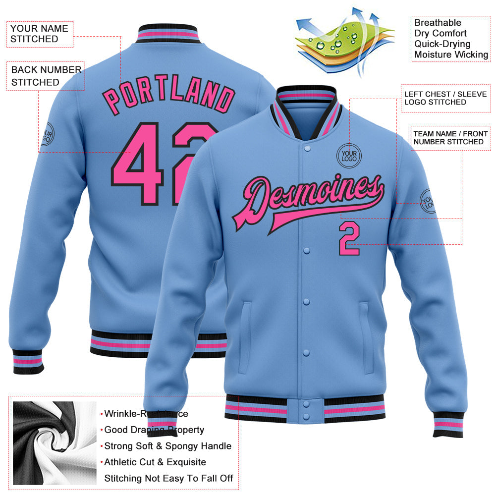 Custom Light Blue Pink-Black Bomber Full-Snap Varsity Letterman Jacket view 5