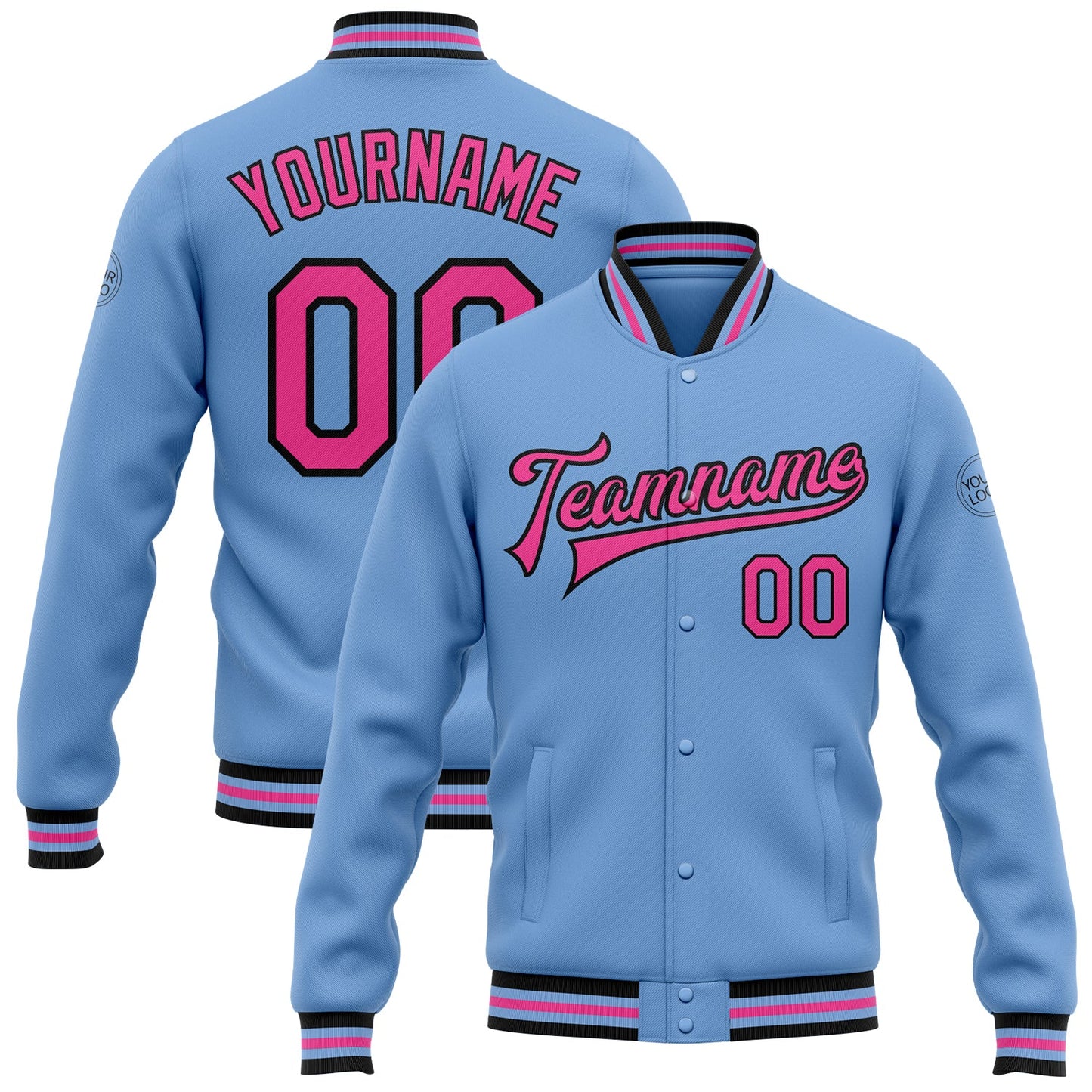 Custom Light Blue Pink-Black Bomber Full-Snap Varsity Letterman Jacket - Main View